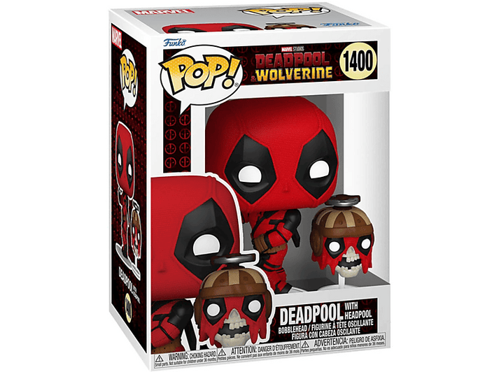Figurine Deadpool dans une boîte. Couleurs rouge et noir. Fond blanc.