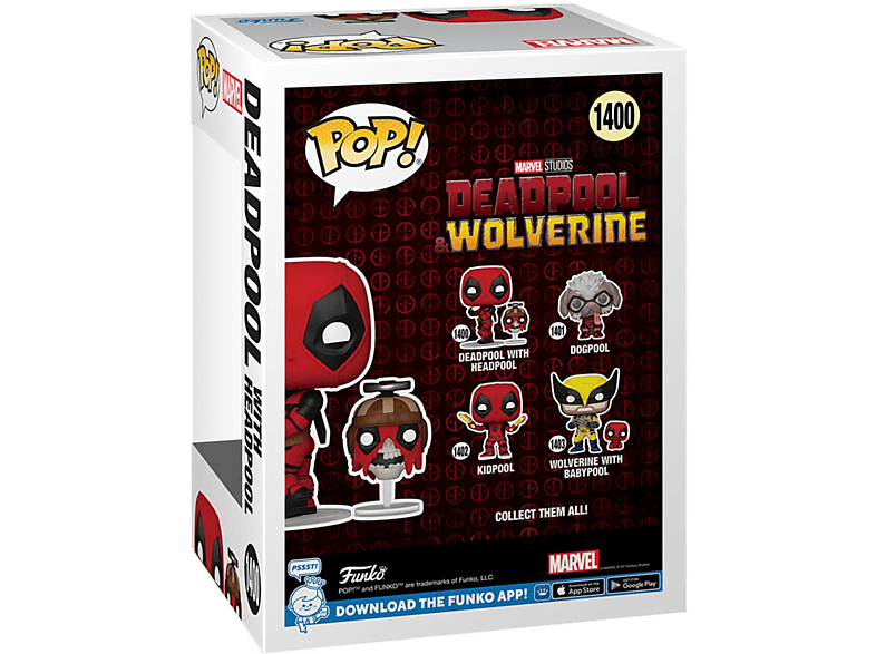 Une boîte Funko Pop avec des figurines Deadpool et Wolverine, présentant divers personnages.