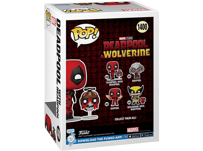 Une boîte Funko Pop avec des figurines Deadpool et Wolverine, présentant divers personnages.