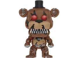 Une figurine Funko Pop de Freddy marron. Il a les yeux rouges, un chapeau haut de forme noir et un sourire édenté.