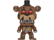 Une figurine Funko Pop de Freddy marron. Il a les yeux rouges, un chapeau haut de forme noir et un sourire édenté.