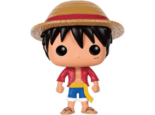 Charger l&#39;image dans la galerie, Une figurine Funko Pop de Luffy portant un chapeau de paille, une chemise rouge et un short bleu.
