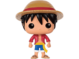 Une figurine Funko Pop de Luffy portant un chapeau de paille, une chemise rouge et un short bleu.