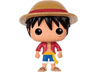 Une figurine Funko Pop de Luffy portant un chapeau de paille, une chemise rouge et un short bleu.