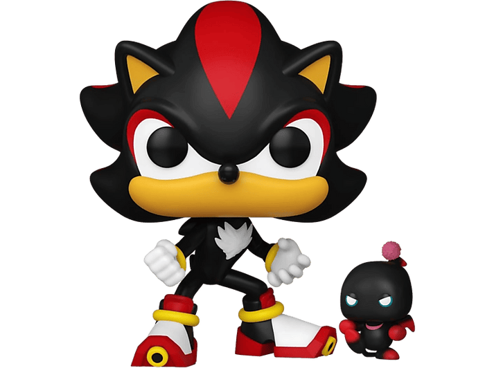 Figurine Funko Pop de Shadow the Hedgehog avec des couleurs noir, rouge et jaune, et un petit personnage.