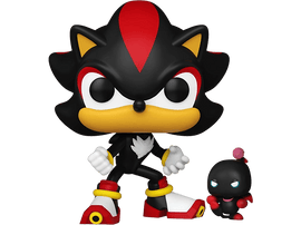 Figurine Funko Pop de Shadow the Hedgehog avec des couleurs noir, rouge et jaune, et un petit personnage.