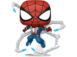 Une figurine Funko Pop de Spider-Man avec quatre bras mécaniques, debout sur une base blanche.