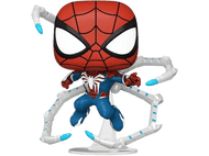 Une figurine Funko Pop de Spider-Man avec quatre bras mécaniques, debout sur une base blanche.