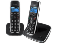 Deux téléphones sans fil sur chargeurs. Gros boutons et écran, design noir et argent.