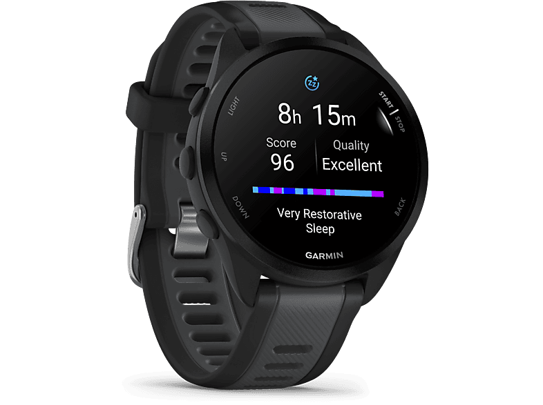 Montre connectée Garmin noire avec cadran rond, affichant les données de sommeil. Affiche le score, la qualité et le temps.