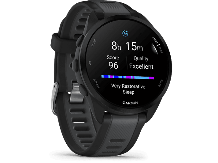 Montre connectée Garmin noire avec cadran rond, affichant les données de sommeil. Affiche le score, la qualité et le temps.