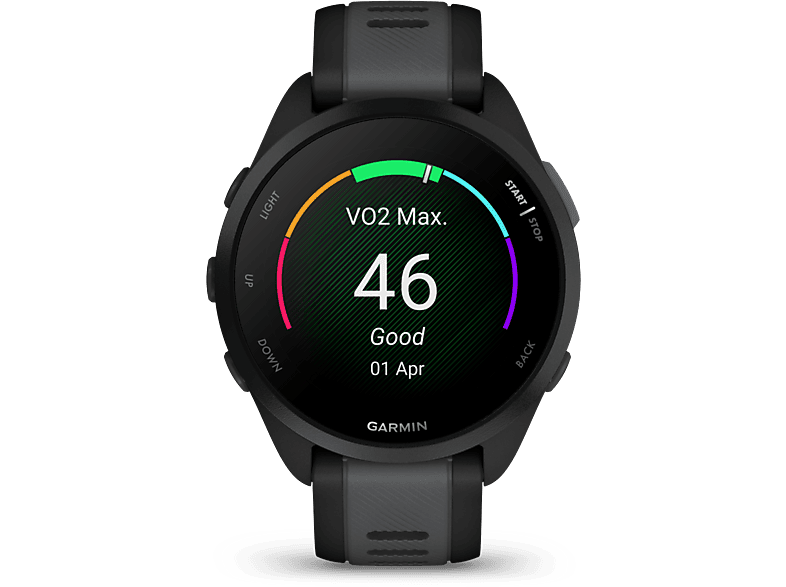 La montre connectée Garmin affiche la lecture VO2 Max sur fond noir.