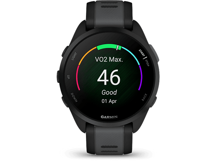 La montre connectée Garmin affiche la lecture VO2 Max sur fond noir.