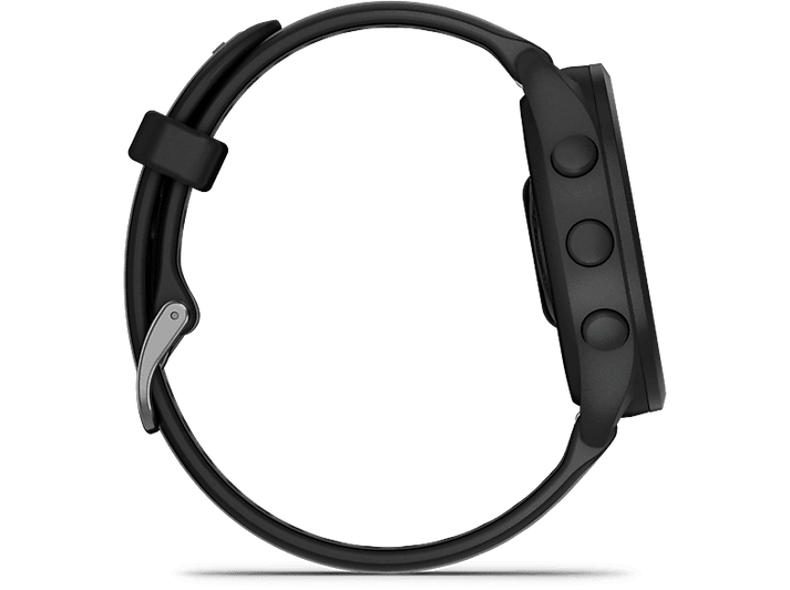 Smartwatch noire avec bracelet noir, vue de côté sur fond noir.