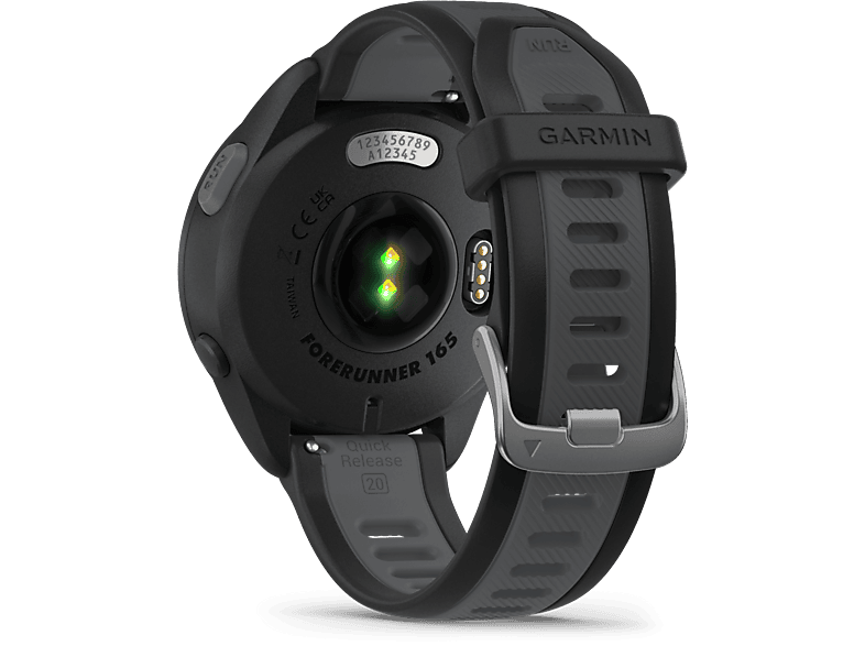 Une montre noire Garmin Forerunner 165, vue arrière, sur fond noir.