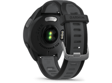 Charger l&#39;image dans la galerie, Une montre noire Garmin Forerunner 165, vue arrière, sur fond noir.
