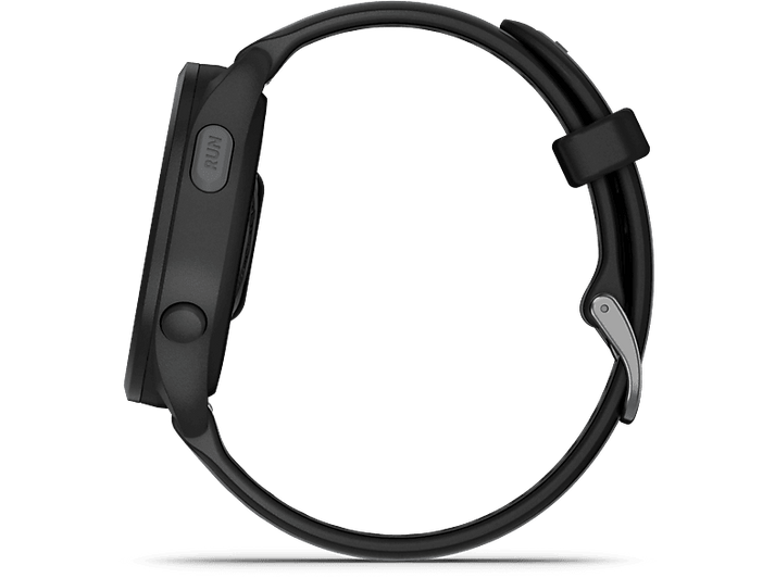 Montre Garmin noire, vue latérale. Un bracelet noir avec une boucle argentée est attaché.