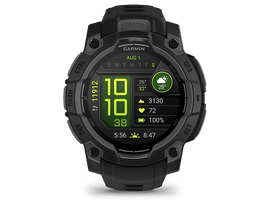 Montre Garmin. Noire, avec date, heure, météo et données de santé. Fond noir.