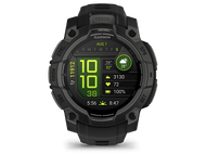 Montre Garmin. Noire, avec date, heure, météo et données de santé. Fond noir.