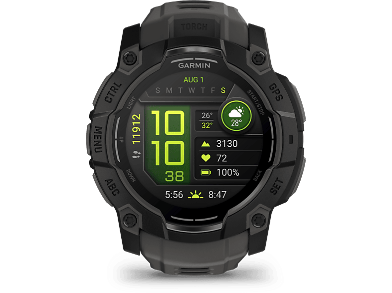 Smartwatch Garmin, noir et gris, affiche des données : heure, pas, fréquence cardiaque.