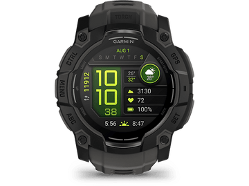 Smartwatch Garmin, noir et gris, affiche des données : heure, pas, fréquence cardiaque.
