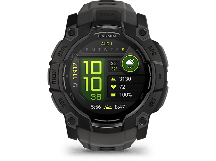 Smartwatch Garmin, noir et gris, affiche des données : heure, pas, fréquence cardiaque.