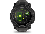 Smartwatch Garmin, noir et gris, affiche des données : heure, pas, fréquence cardiaque.