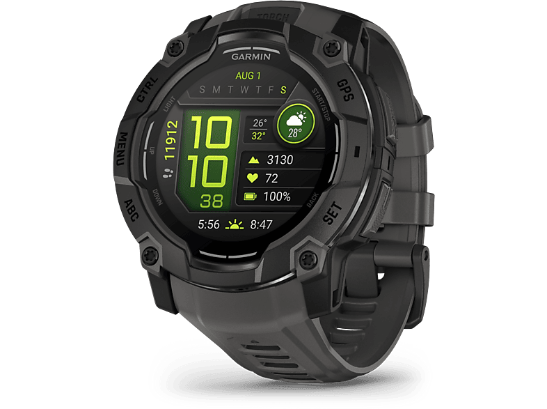 Smartwatch Garmin noire avec écran affichant des données, boutons visibles.
