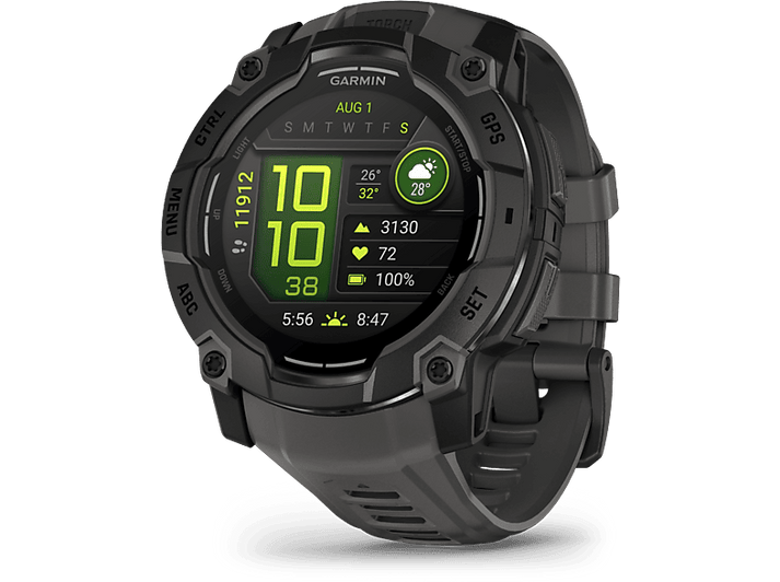 Smartwatch Garmin noire avec écran affichant des données, boutons visibles.