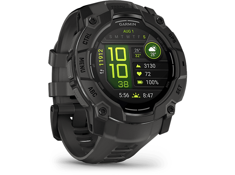 Smartwatch Garmin noire, affichage de données et boutons visibles.