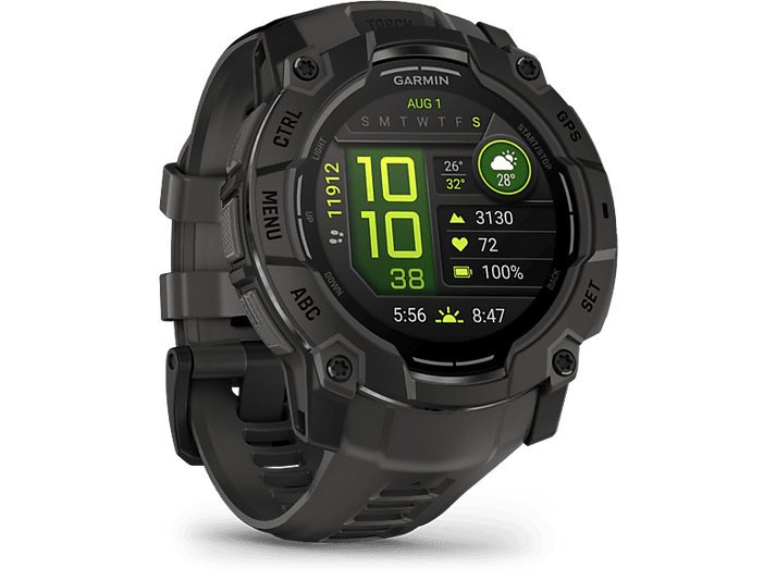 Smartwatch Garmin noire, affichage de données et boutons visibles.