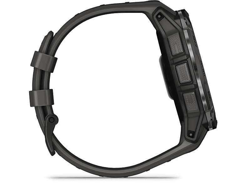 Smartwatch noire montrant une vue latérale, boutons et bracelet visibles.