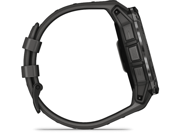 Smartwatch noire montrant une vue latérale, boutons et bracelet visibles.