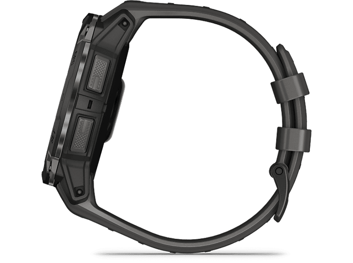 Smartwatch noire vue latérale, boutons et bracelet visibles.