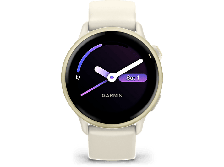 Smartwatch crème avec cadran rond affichant l'heure, la date et la marque Garmin, sur fond noir.