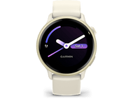 Smartwatch crème avec cadran rond affichant l'heure, la date et la marque Garmin, sur fond noir.