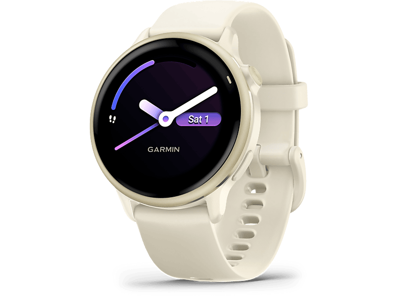 Une smartwatch Garmin crème avec un écran noir affichant l'heure et la date.