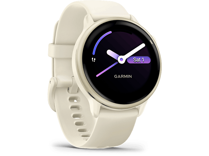 Montre connectée Garmin crème avec écran noir et violet. Fond noir.