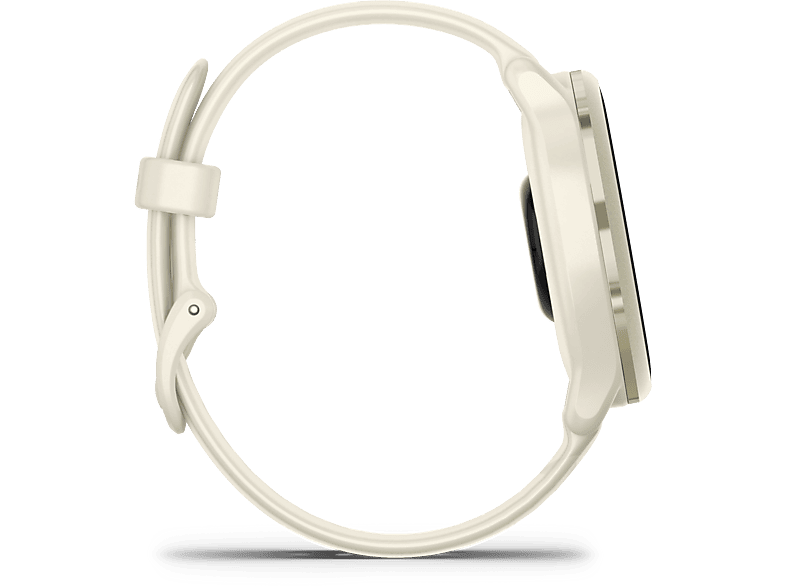 Vue latérale d'une smartwatch Garmin crème avec écran noir et bracelet blanc.