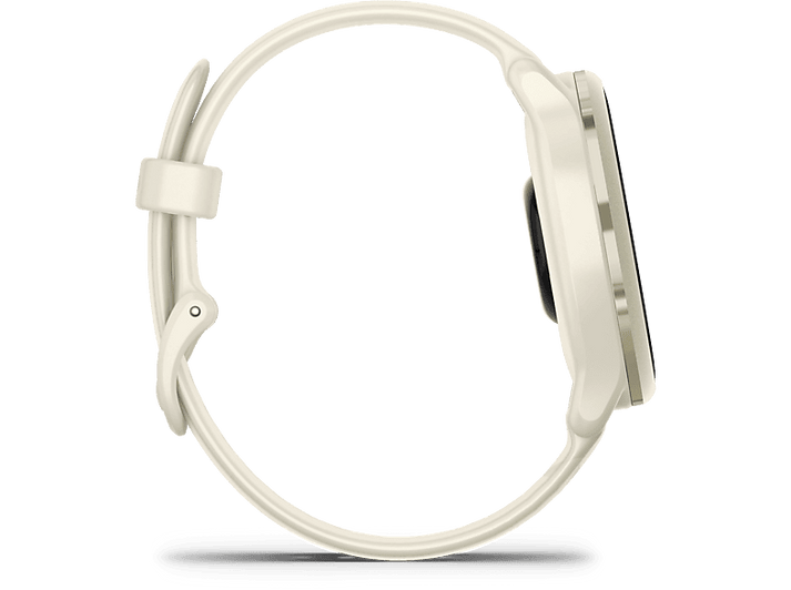 Vue latérale d'une smartwatch Garmin crème avec écran noir et bracelet blanc.