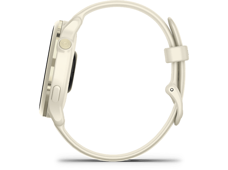 Montre Garmin couleur crème, vue latérale. La montre a un bracelet clair et un cadran rond.