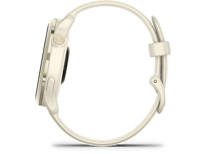 Montre Garmin couleur crème, vue latérale. La montre a un bracelet clair et un cadran rond.