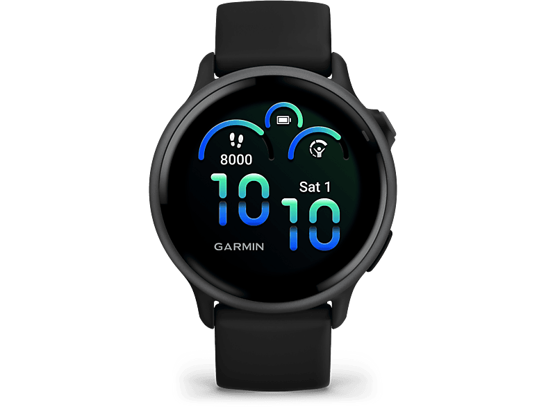 Smartwatch Garmin noir avec écran rond. Affiche l'heure, la date et les mesures de fitness.