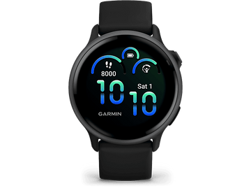 Smartwatch Garmin noir avec écran rond. Affiche l'heure, la date et les mesures de fitness.