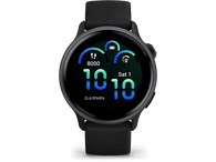 Smartwatch Garmin noir avec écran rond. Affiche l'heure, la date et les mesures de fitness.