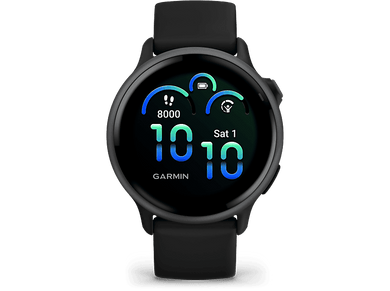 Smartwatch Garmin noir avec écran rond. Affiche l'heure, la date et les mesures de fitness.