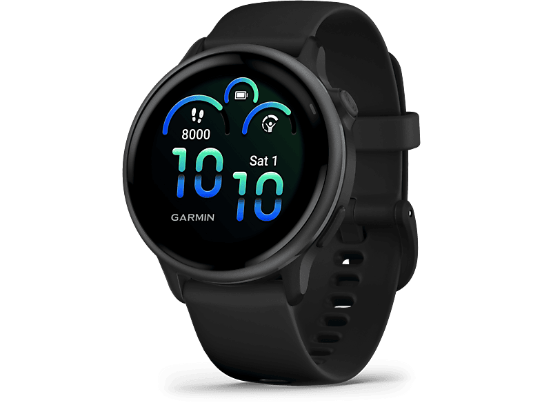 Montre intelligente Garmin noire avec un cadran rond. L'écran affiche l'heure, les pas et la date.