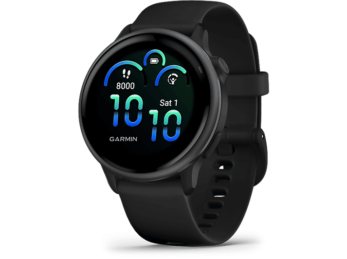 Montre intelligente Garmin noire avec un cadran rond. L'écran affiche l'heure, les pas et la date.