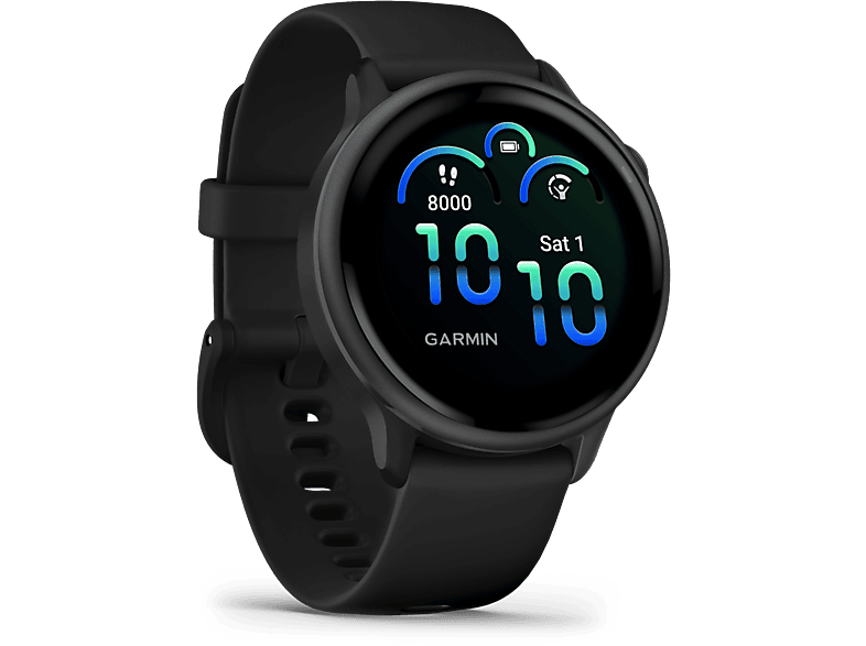 Montre intelligente Garmin noire avec cadran rond.