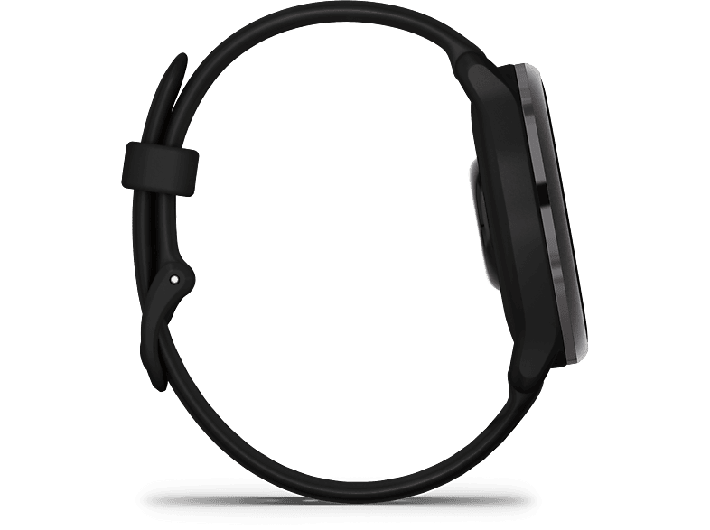 Smartwatch noire avec bracelet noir. Vue latérale montre le cadran et le bracelet.